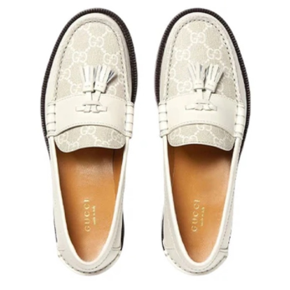 Like New Gucci Leather and Jacquard Tassle Loafers in Ivory, size 41 - Picture 2 of 6